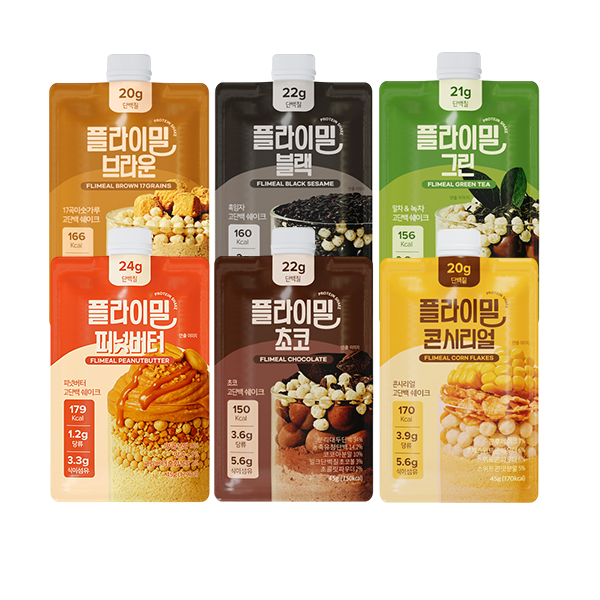 [플라이밀] 단백질 쉐이크 파우치 버라이어티 스타터팩 B세트(피넛버터1개+초코1개+콘시리얼1개+브라운1개+블랙1개+그린1개) 상품이미지