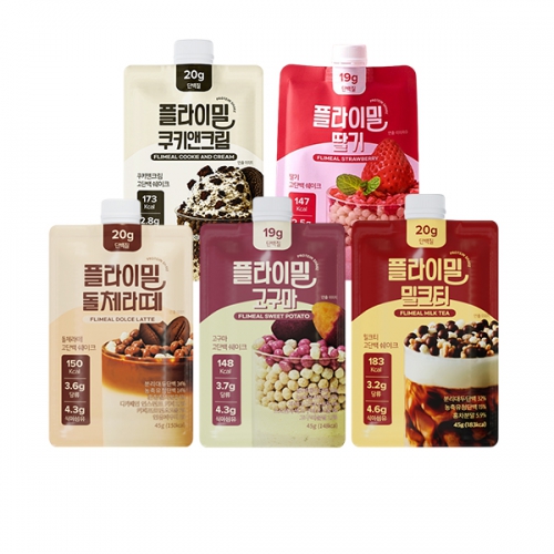 [플라이밀] 단백질 쉐이크 파우치 버라이어티 스타터팩 A세트(쿠앤크1개+딸기1개+돌체라떼1개+고구마1개+밀크티1개)