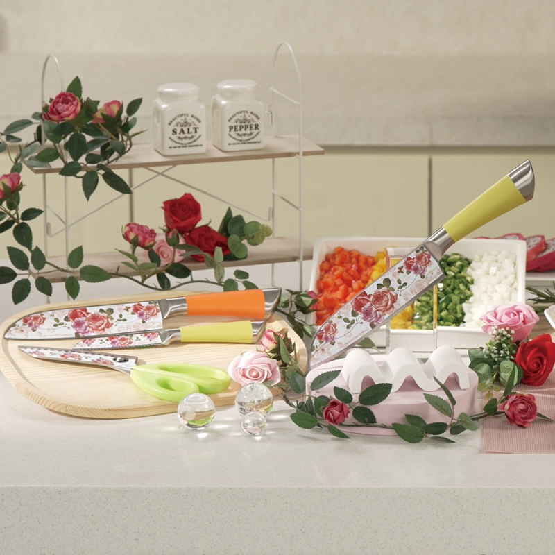 천년 장미칼 웨이브형 일자형 칼세트 4종 과도 만능가위 주방칼 부엌칼 1세트 상품이미지